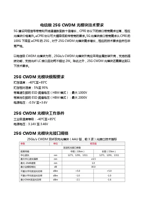 电信级25G CWDM光模块技术要求