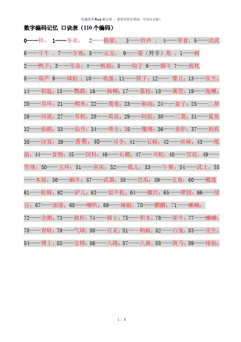 数字编码记忆-口诀表