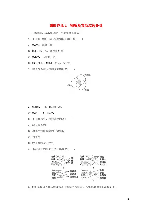 2024_2025学年新教材高中化学课时作业1物质及其反应的分类苏教版必修第一册