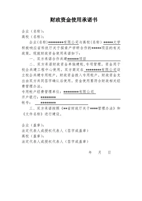专项资金承诺(财政资金使用承诺书)