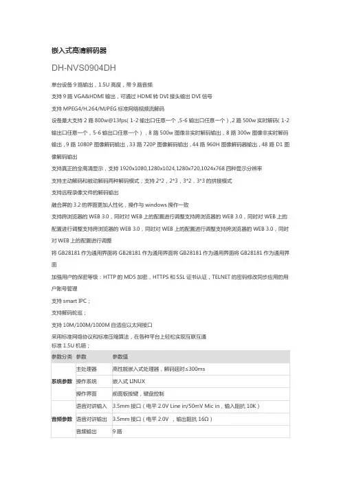 大华9路高清解码器参数
