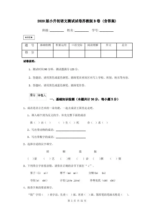 2020版小升初语文测试试卷苏教版B卷 (含答案)