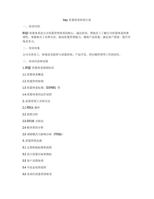 biqs质量体系培训计划