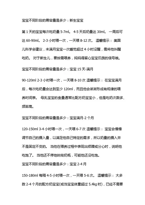 宝宝不同阶段的胃容量及喂养量