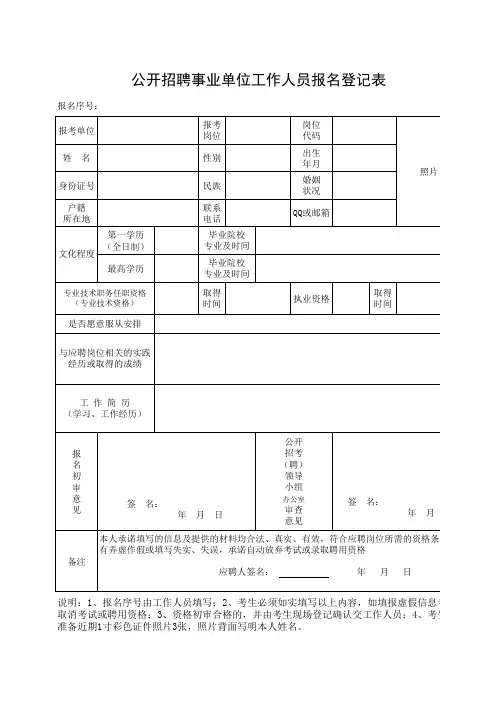 公开招聘事业单位工作人员报名登记表