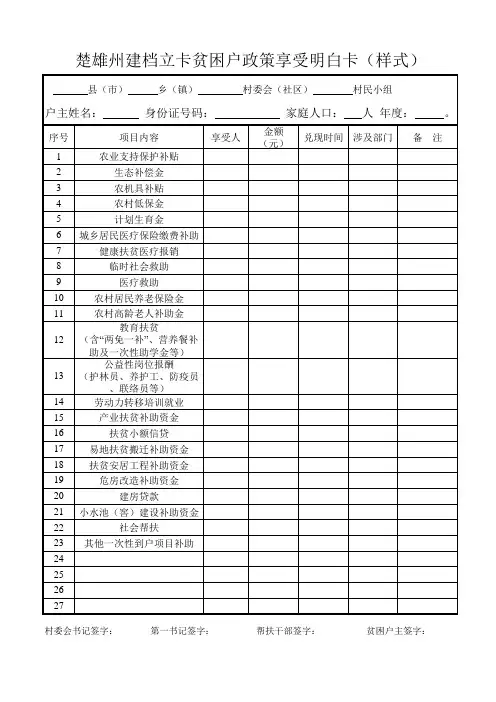 建档立卡贫困户政策享受明白卡样式