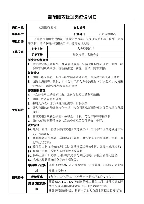 薪酬绩效经理岗位说明书-2017模板