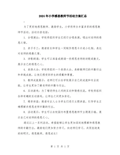 2024年小学感恩教师节活动方案汇总