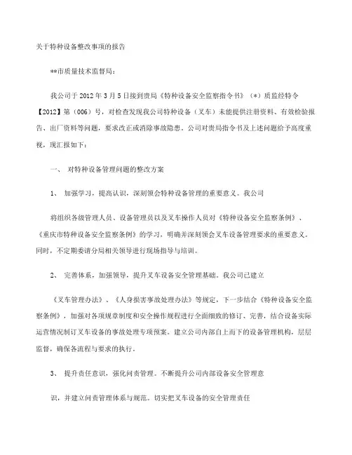 特种设备整改报告范文