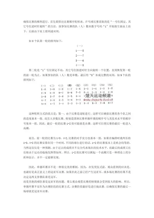 乒乓球规则关于单循环赛的编排之比赛顺序轮转表
