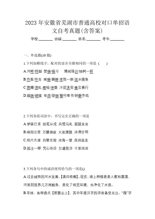 2023年安徽省芜湖市普通高校对口单招语文自考真题(含答案)