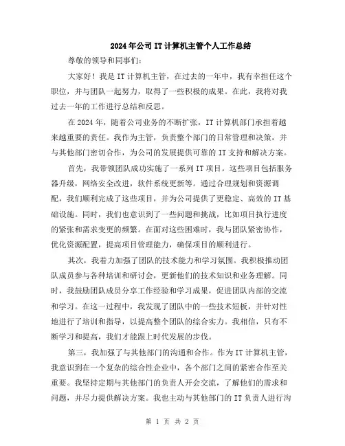 2024年公司IT计算机主管个人工作总结