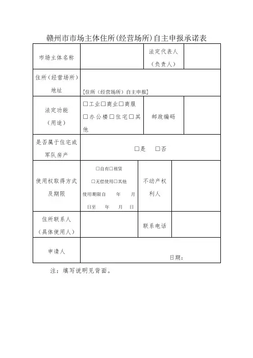 赣州市市场主体住所(经营场所)自主申报承诺表