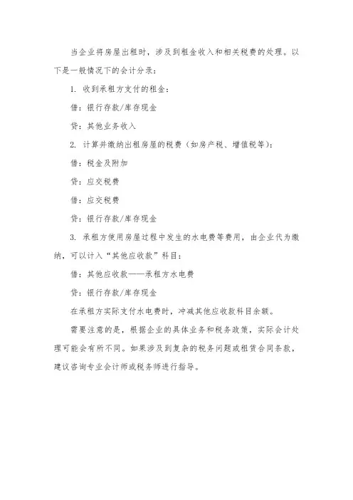 企业房屋出租会计分录