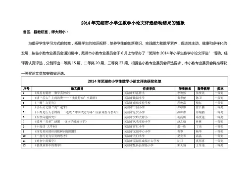 2014年芜湖市小学生数学小论文评选活动结果的通报
