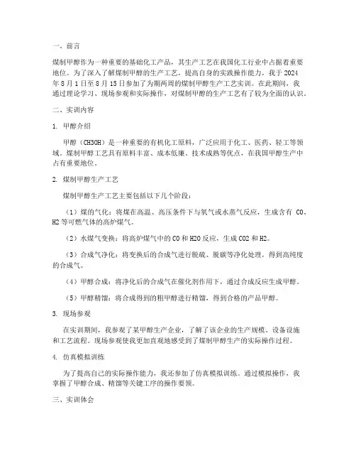 煤制甲醇生产工艺实训报告