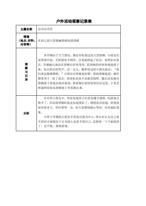 中班户外区域游戏观察记录表