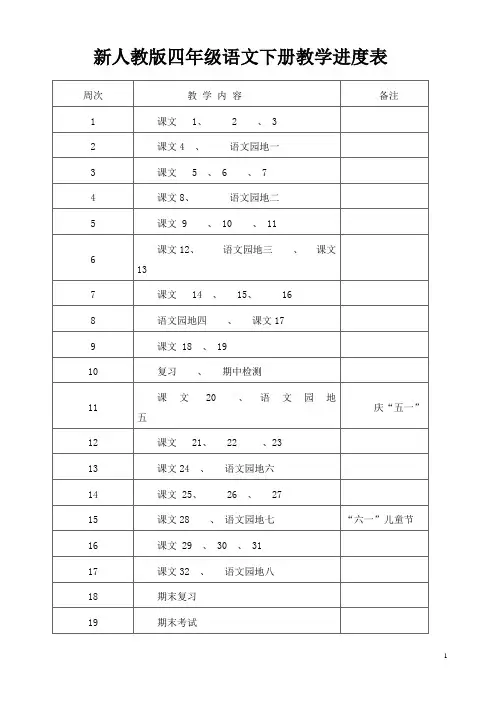 新人教版四年级语文下册全册教案及教学进度计划-表格