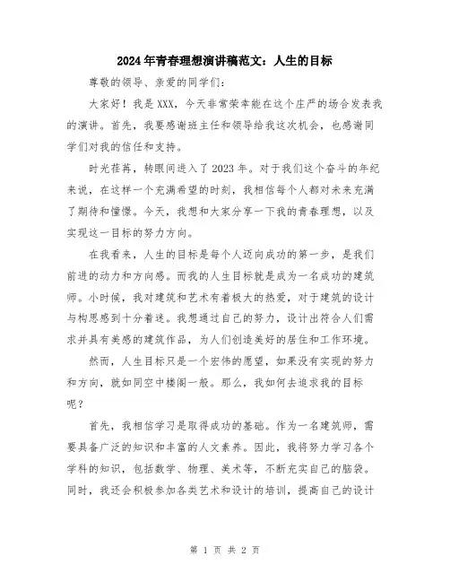 2024年青春理想演讲稿范文：人生的目标