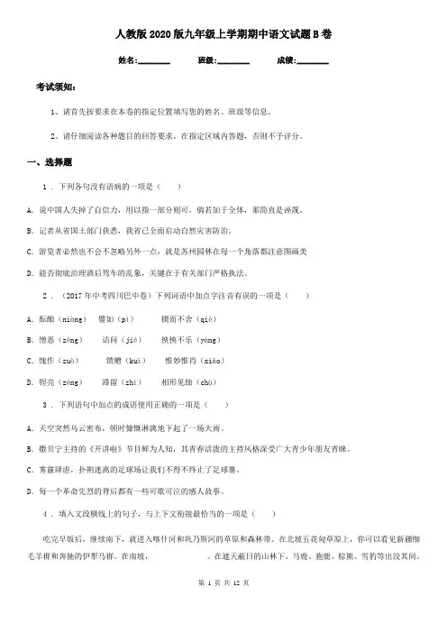人教版2020版九年级上学期期中语文试题B卷新版