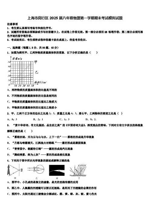 上海市闵行区2025届八年级物理第一学期期末考试模拟试题含解析