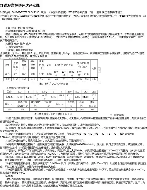 红钢3#高炉快速达产实践