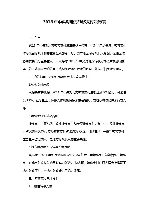 2016年中央对地方转移支付决算表