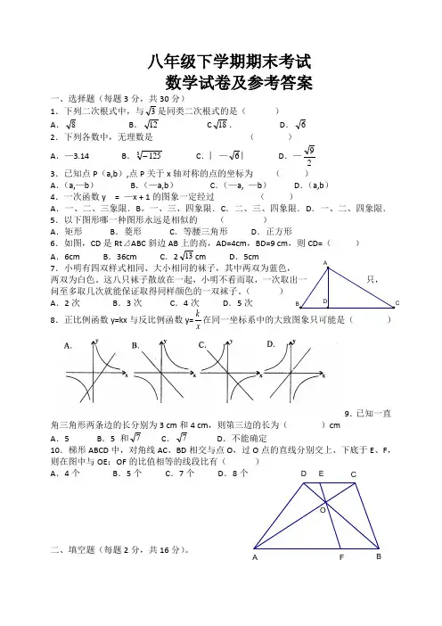 2018-2019年苏州市八年级下学期期末考试数学试卷及参考答案