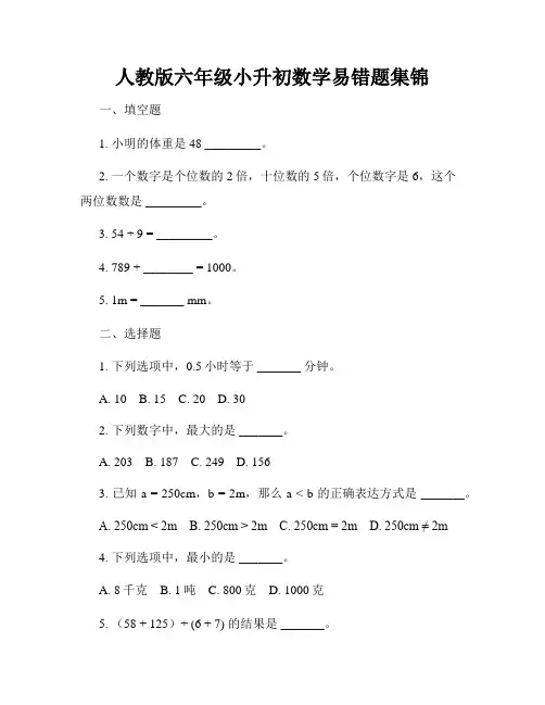 人教版六年级小升初数学易错题集锦