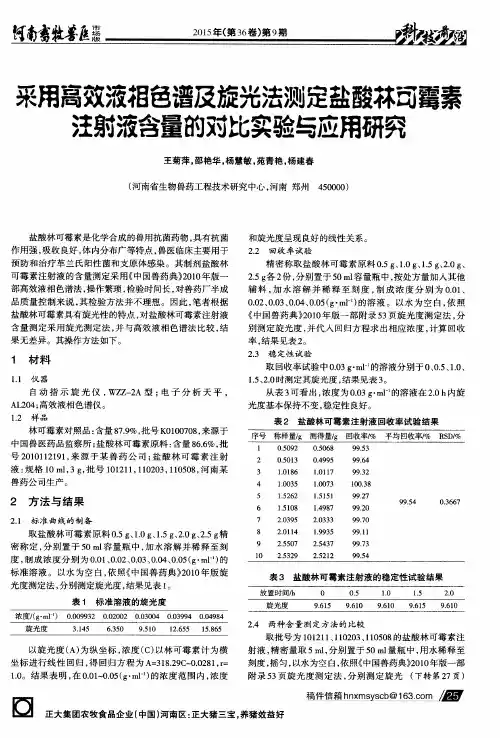 采用高效液相色谱及旋光法测定盐酸林可霉素注射液含量的对比实验