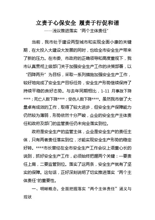 立责于心保安全 履责于行促和谐——浅议推进落实“两个主体责任”