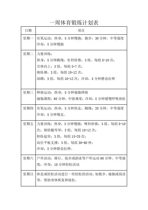 一周体育锻炼计划表