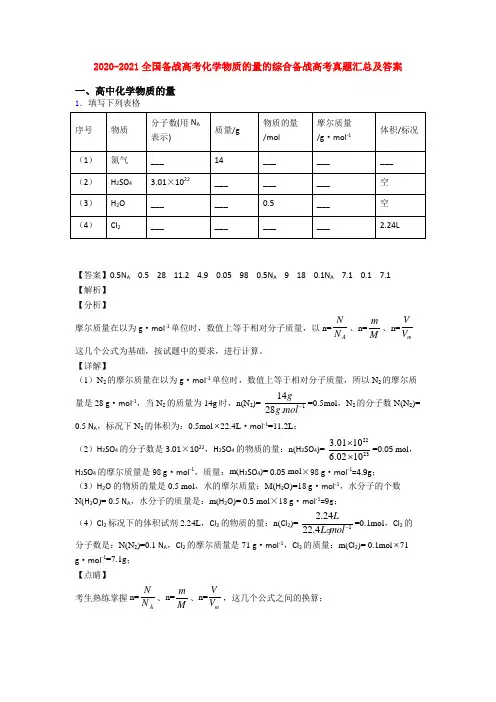 2020-2021全国备战高考化学物质的量的综合备战高考真题汇总及答案