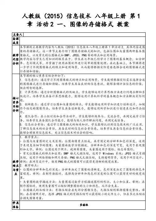 人教版(2015)信息技术八年级上册第1章活动2一、图像的存储格式教案