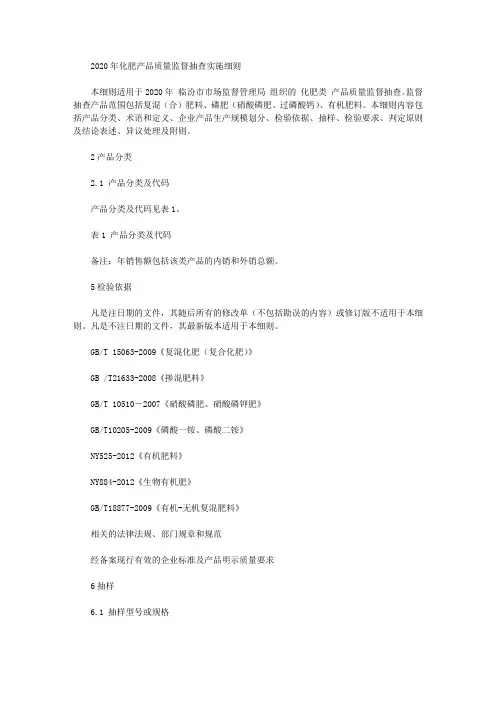 2020年化肥产品质量监督抽查实施细则