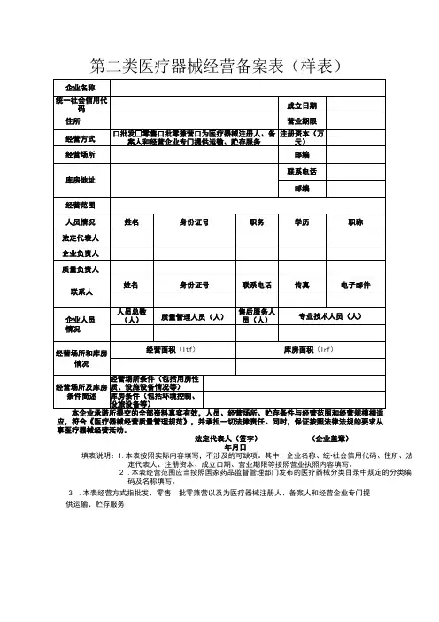 第二类医疗器械经营备案表样表