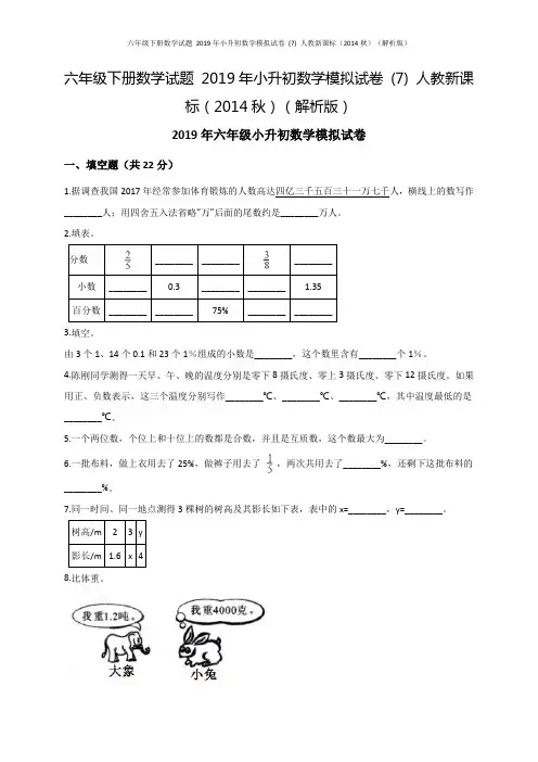 六年级下册数学试题 2019年小升初数学模拟试卷 (7) 人教新课标(解析版)