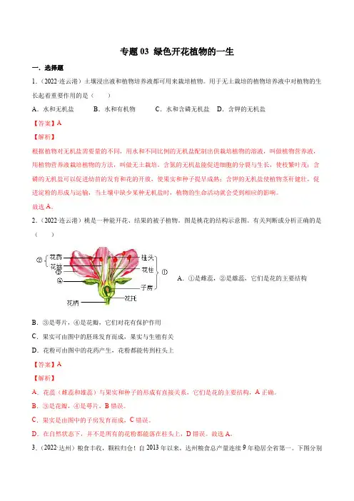 2022年全国中考生物真题(江苏河南广东四川湖南等)分项汇编专题03 绿色开花植物的一生(解析版)