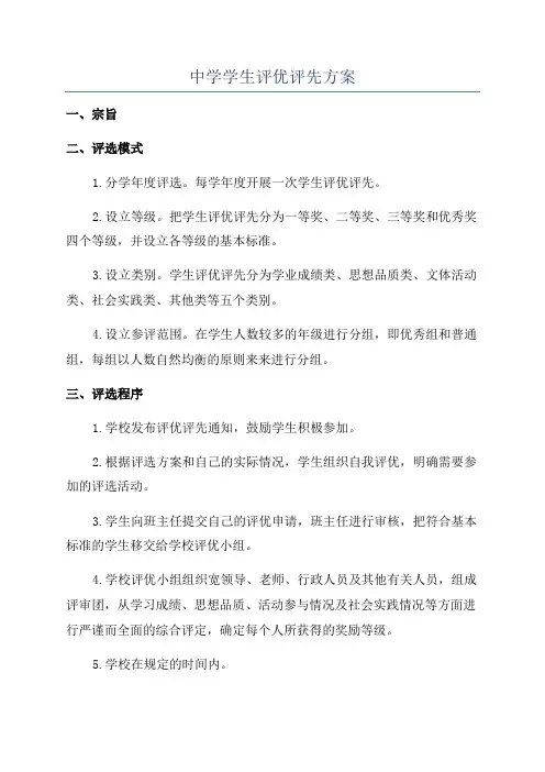 中学学生评优评先方案