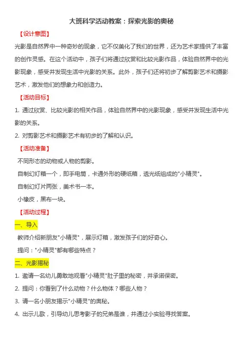幼儿园大班科学活动教案：探索光影的奥秘
