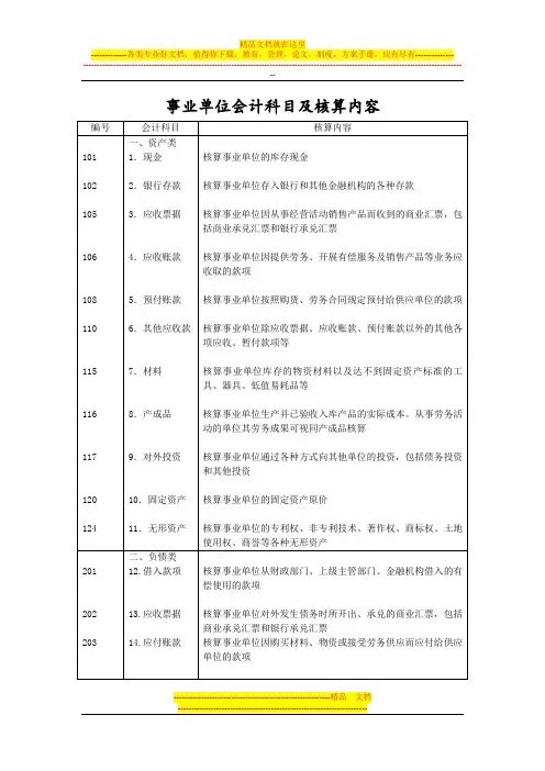 事业单位会计科目及核算内容