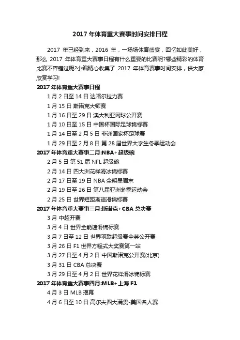 2017年体育重大赛事时间安排日程