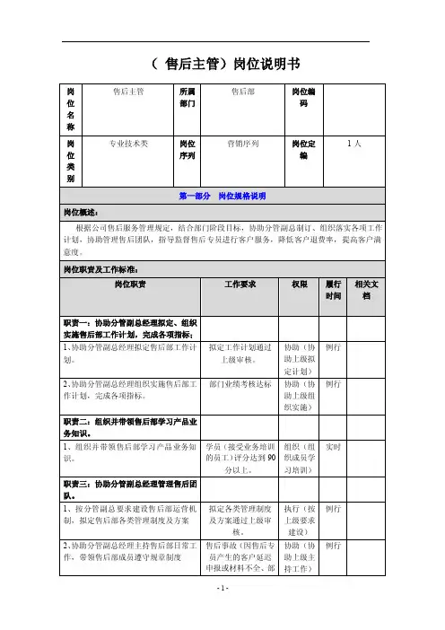 售后主管-岗位说明书