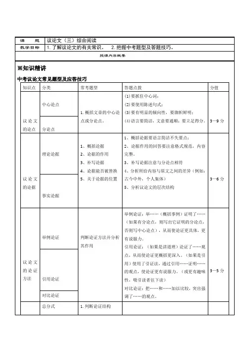 第11讲：议论文(三)综合阅读-讲义(学生版)-2021-2022学年九年级语文部编版上册
