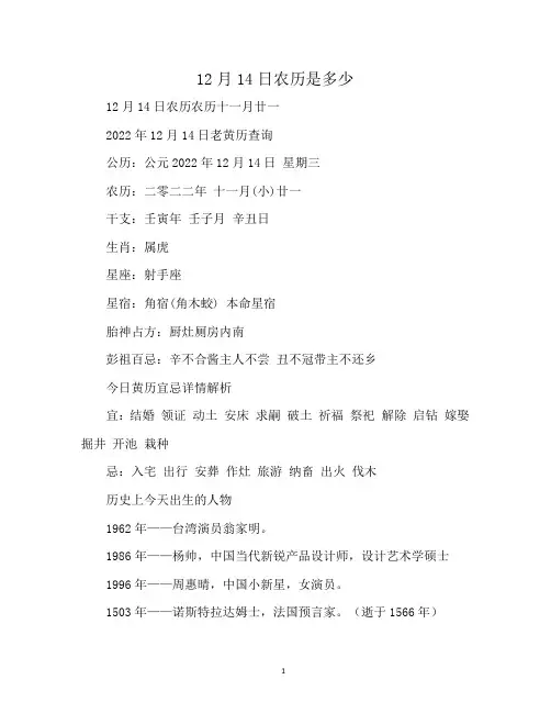 12月14日农历是多少