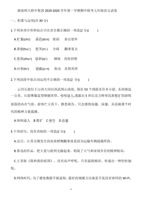 湖南长沙市湖南师大附中集团2019-2020学年第一学期期中联考七年级语文试卷含答案