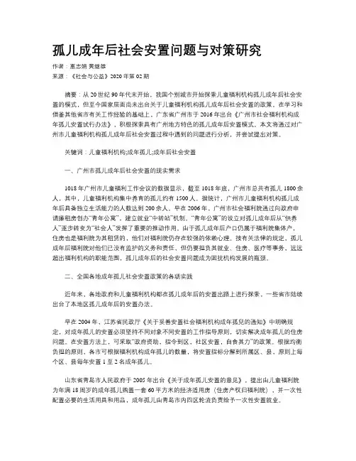 孤儿成年后社会安置问题与对策研究