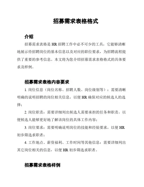 招募需求表格格式