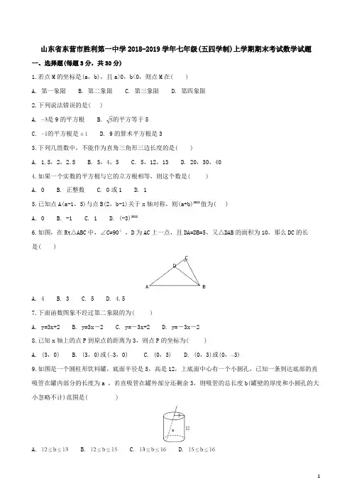 2018-2019学年七年级(五四学制)上学期期末考试数学试题