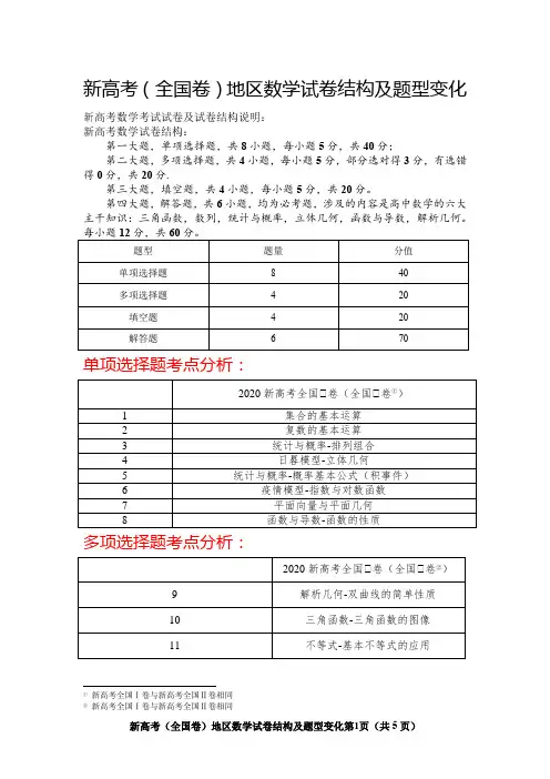 2020年新高考(全国卷地区)数学考试试卷结构及题型变化